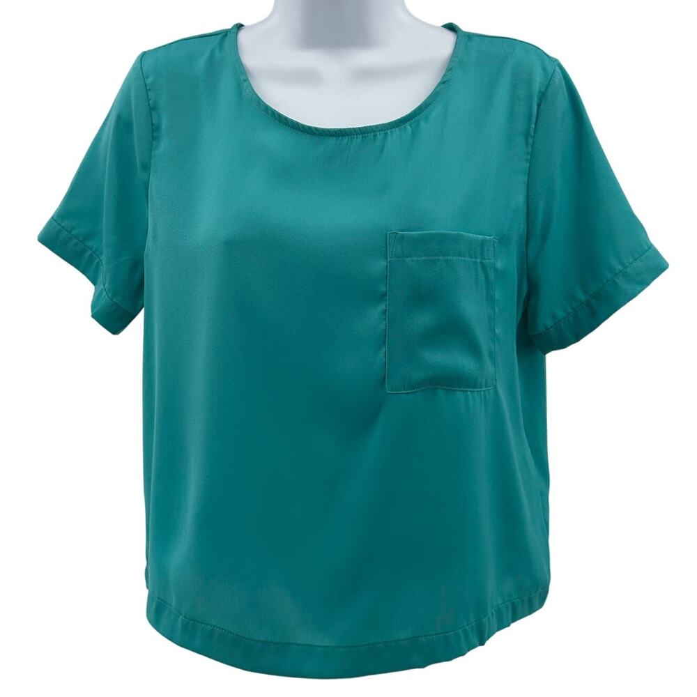 Pleione Top Sz S Teal Short Sleeve Chest Pocket Pullover Round Neck Lightweight
